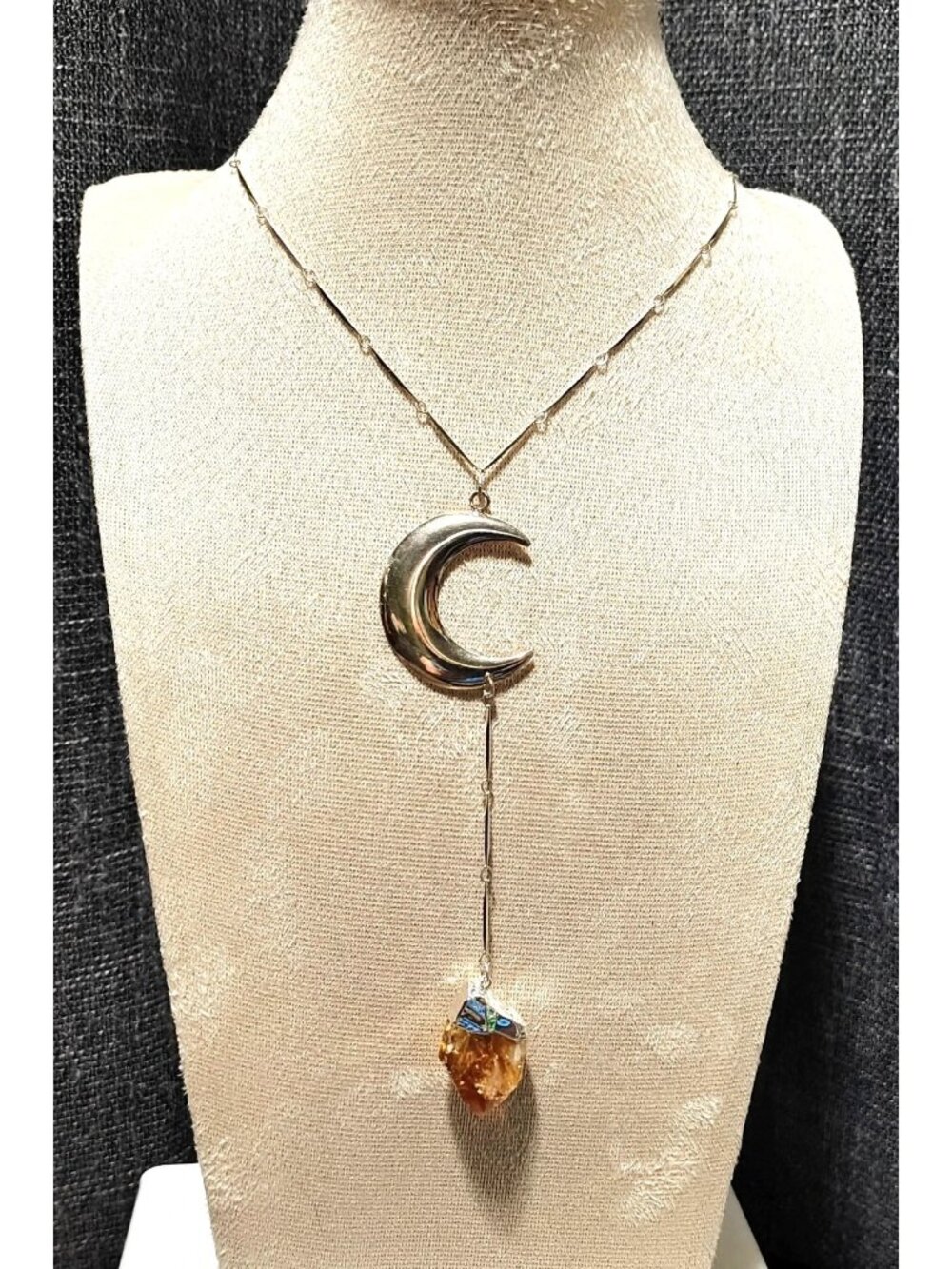 Silver Moon Raw Orange Brown Stone Heat Treated Citrine Y Drop Lariat Necklace